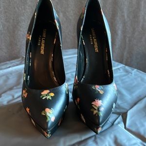 Saint Laurent black floral leather high heels